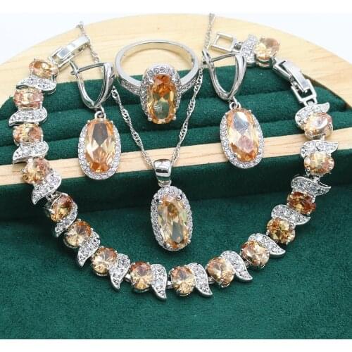 Oval champagne Zircon 925 Sterling Silver Jewelry Sets For Women Bracelet Earrings Necklace pendant Ring Birthday Gift