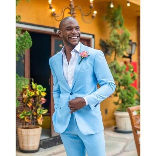 Newest Slim Fit Men Suit Sky Blue Peak Lapel Business Casual Evening Tuxedo 2 Piece(Blazers+Pant) Custom Made Wedding For Man