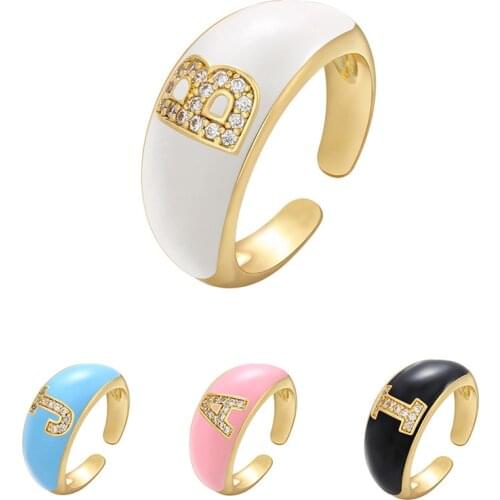 Letter Zircon Opening Rings Pink Blue White Black Enamel Dripping Oil A-Z Letter Metal Width Ring Women Wedding Jewelry
