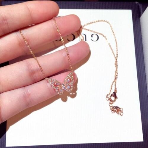 Yanleyu Rose Gold Silver Color Butterfly Pendant Necklace Female Shiny Crystal CZ Clavicle Chain Necklace Party Gift PN064