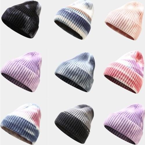 Women Tie-dyed Pullover Hat Autumn and Winter Curled Pointed Hat Warm Outdoor Beanie Woolen Hat