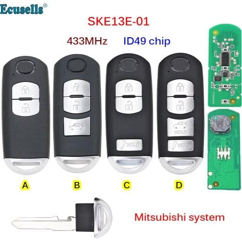 2/3/4 Button smart card Remote Key Fob 433Mhz ID49 Chip for Mazda 2 3 6 CX-5 CX-3 MX-5 With emergency key blade SKE13E-01