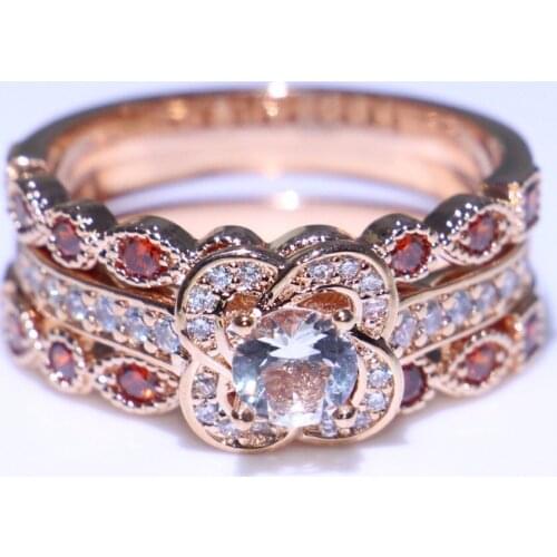 Luxury Jewelry Brand New Flower Rose Gold Fill 3 IN 1 Promise Ring Women Wedding Engagement Band Ring for Lovers' Gift Size6-10