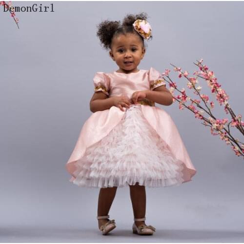 Pink Puffy Pageant Dresses Kids Clothes Tiered Ruffles Toddler First Birthday Dresses Flower Girl Dress