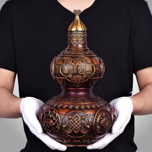 Chinese Style Pure Copper Lucky Gourd Statue Desk Ornaments Antique Bronze Chinese Auspicious Statue Home Feng Shui Decor Gifts