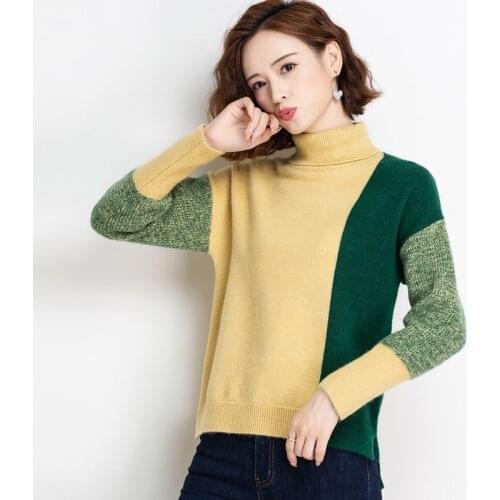 Women Patchwork Colors Sweater Winter Autumn Ladies Turtleneck Jumper Long Sleeve Knit Tops Pullover Sweaters