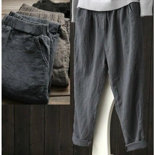 Women Cotton Linen Harem Trousers Pants Baggy Loose Elastic Waistband M-5XL New Grey Black Blue Pants 904-277