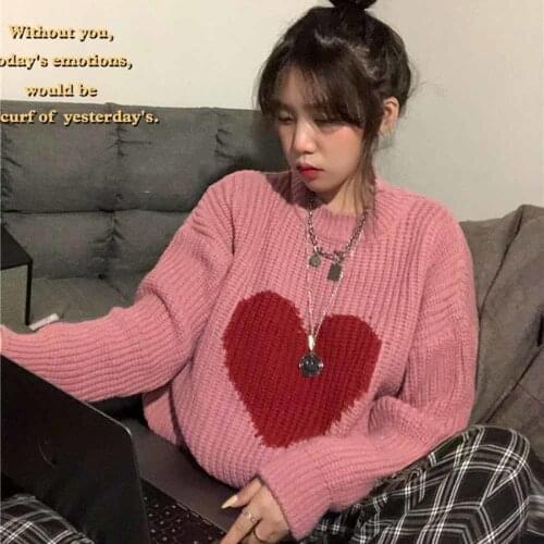 Autumn Winter Love Cute Heart Graphic Knit Long Sweater Women Pull Loose Knitted Pullover Fashion Vintage Pink Korean