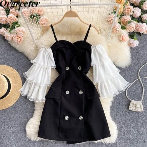 Folded Ruffled Flared Sleeves Strapless Stitching Mini Dress Women Summer Chic Crystal Double-breasted Slim Bodycon Dress