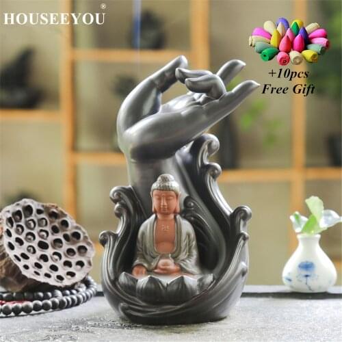 10Pcs Cones + Buddha Palm Figure Backflow Incense Burner Ceramic Stick Incense Holder Aroma Censer for Home Buddhist Temple