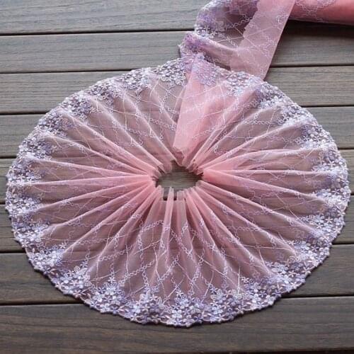2 Yards Lace Trim Purple Flowers Floral Embroidered Pink Tulle Lace 7.48 Inches Wide