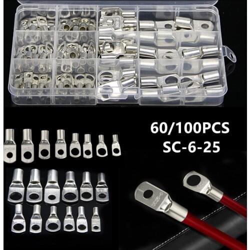 60Pcs/100Pcs Tinned Copper Cable lugs Battery Terminals Wire Cringing Terminals Lug Welding Connector Suit SC4-SC25