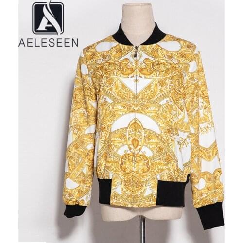 AELESEEN Yellow Jacket 2020 Spring Autumn Runway Fashion Long Sleeve Flower Print Zipper Outerwear Casual Jacket