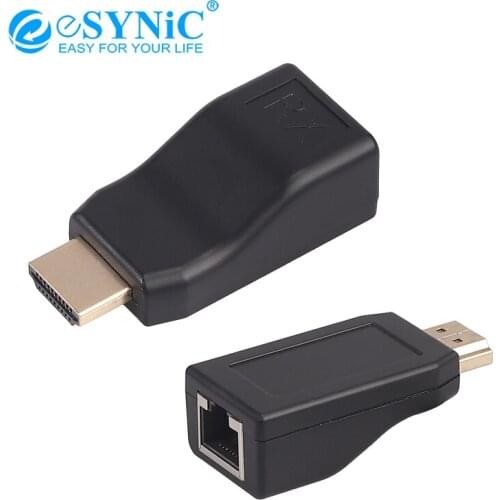 ESYNiC 2Pcs HDMI Signal Extender To RJ45 Over Cat 5e/6 Network Ethernet Adapter 1080P 4K HDMI Signal TX & RX Adapter