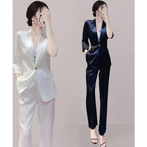 JSXDHK Summer Office OL Pants Sets 2021 Runway Fashion Women Striped White Notched Blazers +Trousers Suits Ladies Two Piece Set
