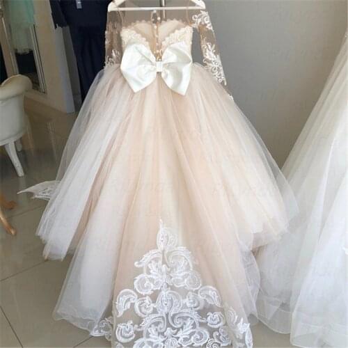 Classic Tulle Flower Girl Dress With Bow Lace Appliques Long Sleeve For Wedding Birthday Ball Gown First Holy Communion Dresses