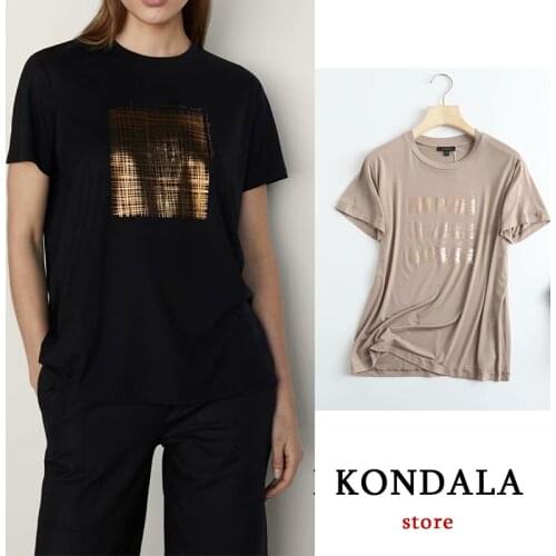 KONDALA Za Casual Oversized Womens T-Shirts 100% Cotton Golden Print T-Shirts Female Short Sleeve Loose Long Tee Shirts Y2K Top