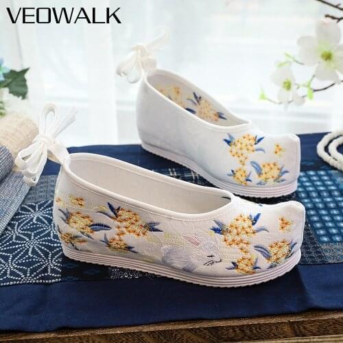 Veowalk Rabbit Embroidered Women Cotton Fabric Platform Shoes Autumn Winter Ankle Strap Ladies Casual Soft Sneakers White