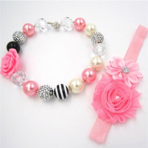 Lovely Pink Flower Girls Chunky Bead Strand Bubblegum Necklace Hairbands Baby Kids Fancy Dress Ourfits Jewelry Set Birthday Gift
