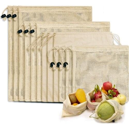 Reusable Shopping Bags, 12-Set Reusable Product Bags Organic Cotton Washable Plastic-Free Bags Zero Waste Shopping Net Bags For