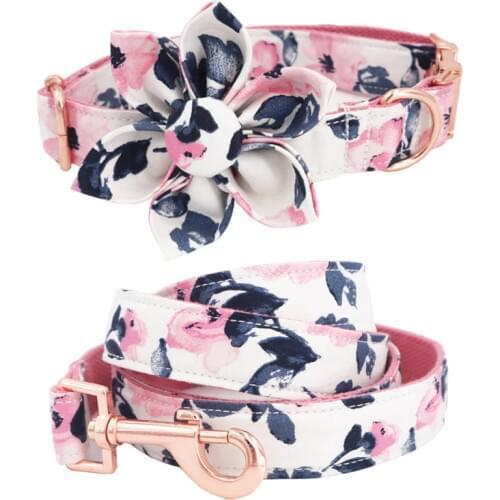 Girl dog collar dog flower and leash set for pet dog cat with rose gold metal buckle