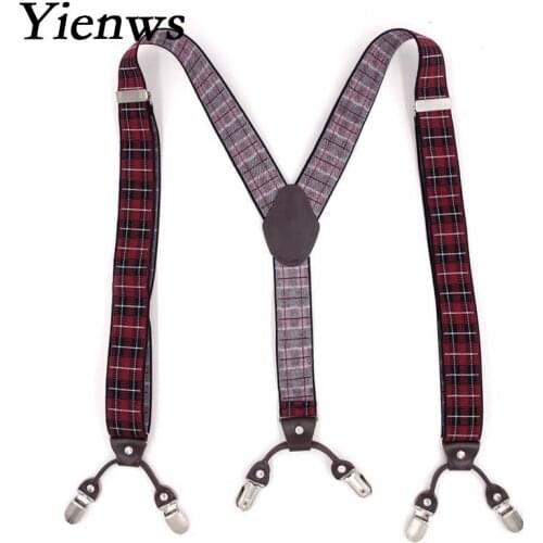 Yienws Suspenders Mens Jartiyer 6 Clasp Pants Braces Y Back Commercial Weastern Trousers Brace Strap Burgundy Plaid YiA009