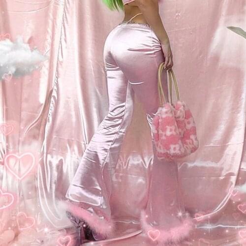 Pink Trousers Faux Fur Fluffy Satin Ladies Flared Pants High Waist Flared Pants Bodycon Sexy Autumn and Winter Bottoms Women