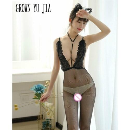 Sexy Lace Hollow Bra Lingerie Fishnet Bodysuits Hot Babydoll Catsuit Porno Open Crotch Teddy Erotic Mesh Backless Bodystocking