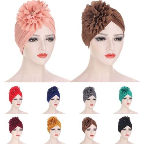 Women Ruffle Flower Hijabs Hat Turban India Headwear Muslim Chemo Cancer Cap Bonnet Wrap Indian Hat Pleated Beanies Skullies Cap