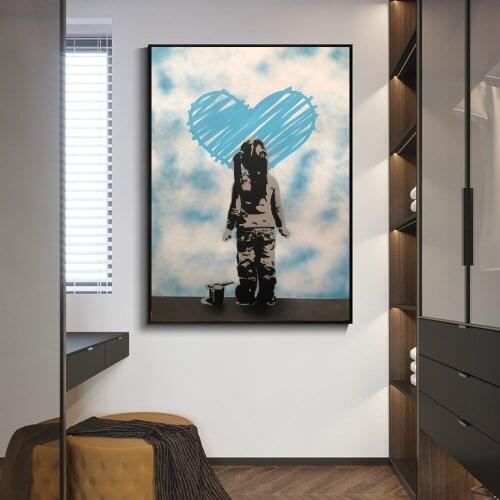 Modern Street Griffiti Art Posters and Prints Canvas Wall Art Decor Little Girl Drawing a Heart Picture for Room Wall Decoration