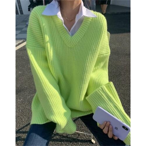 V-neck Sweater Fashion Loose Solid Color Long Sleeve Thickened Knit Pullover Sweaters Winter Clothes Women
