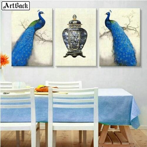 Triptych peacock diamond painting full square animal diamond embroidery full round 25 style rhinestone artwork living room decor