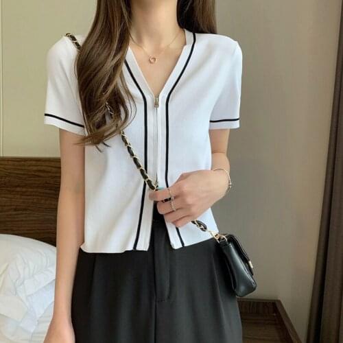 Womens Summer Knitted Cardigan for 2021 Korean Fashion Office Ladies Clothes Girls Sexy Zipper Crop Tops High Quality Streetwear