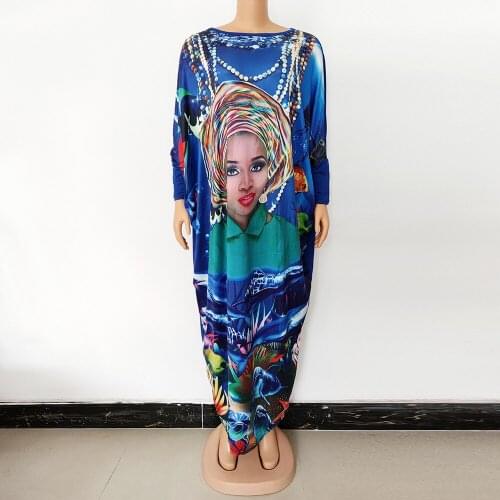 African New Fashion Autumn Plus Size Maxi Dresses Women Pattern Print Design O-neck Long Sleeve Ladies Elegant Robe American