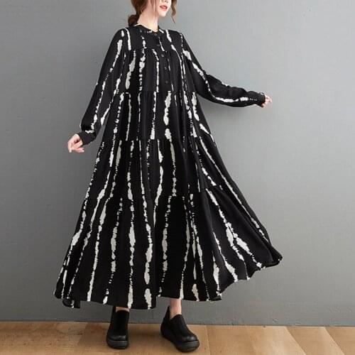 Vintage Printed Fold Stitching Dress Autumn Plus Size Womens Long Sleeve Stand Up Collar Button A-Line Oversized Dress M423