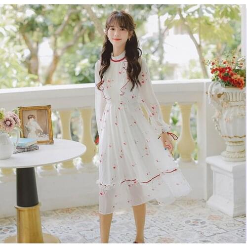Female Ink and Wash Printed Ruffled Sweet Princess Dress Lolita Goddess Lace Round Neck Chiffon Fairy White Dress Gentle Vestido