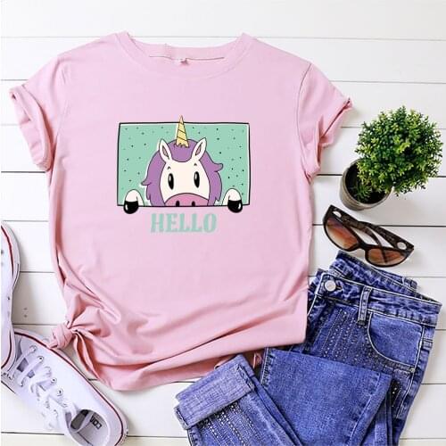 100% Cotton Hello Unicorn Print Breathable Womens T shirt Short Sleeve Tops Female Tee Summer Pink Women T-shirts Tops S-5XL