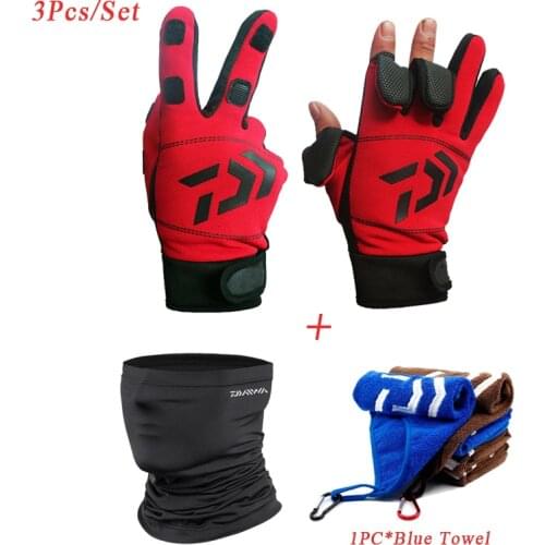 Daiwa 3PCS/ Set Flip Finger Fishing Gloves Fishing Equipment Set (Gloves, Fishing Scarf, Bait Towel) Cycling Face Neck Gaiter