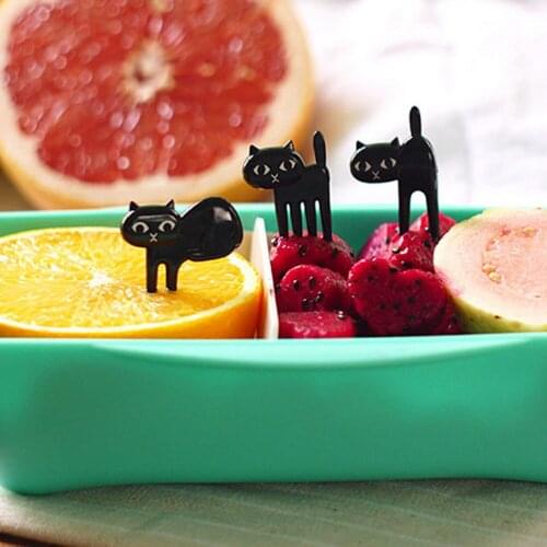 6Pcs Mini Animal Fork Fruit Picks Cute Cartoon Cat Children Fork Bento Lunch Box Decor Accessories Black Color