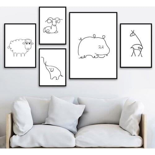 Abstract Black and White Line Animals Canvas Painting Cartoon Posters Wall Art Print Picture for Kids Nursery Baby Room Decor