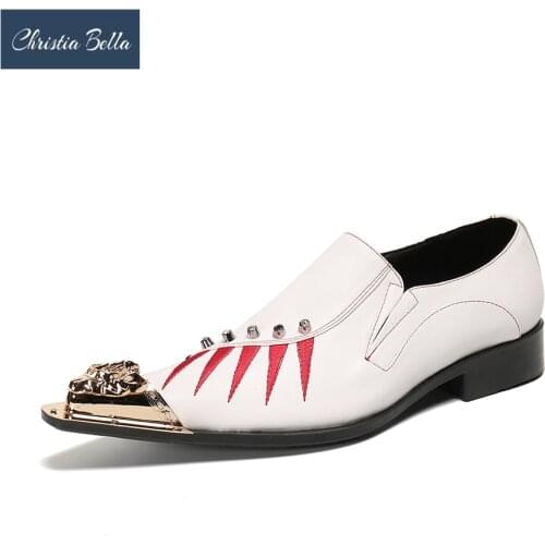 Christia Bella White Genuine Leather Men Shoes Rivets Bridegroom Party Dress Shoes Pointed Toe Formal Business Leather Shoes