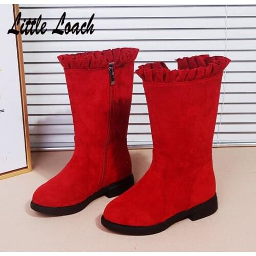 Girls Autumn Winter Mid-calf Boots Suede Leather Fashion Princess Ruffles Boots Non-slip Round Toe Flat Students Botas Shoes