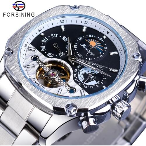 Forsining Automatic Watch Mens Tourbillon Mechanical Silver Square Stainless Steel Moonphase Male Self-Winding Relogio Masculino