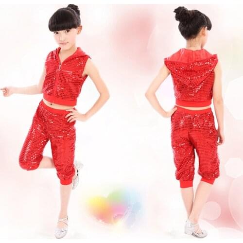 Childrens jazz Dance Costumes Kids Hip Hop Modern Stage Shows Sequins Girls Dancing Costumes Top+Pants 6 Colors