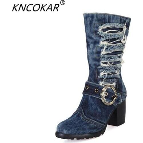 The European and American designer shoes qiu dong high-heeled boots denim thick with knight boots fashion sexy boots