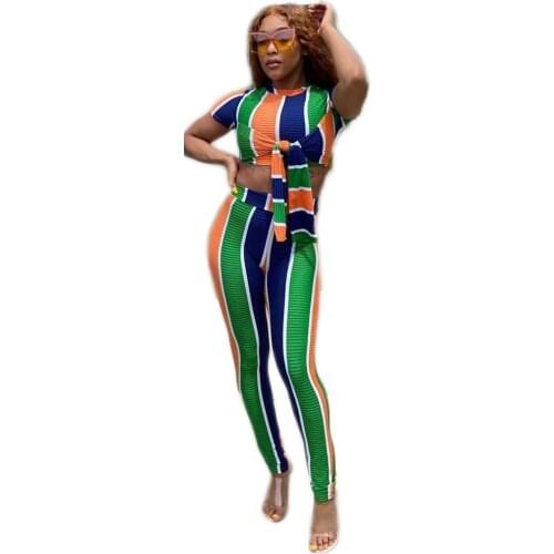 European and American Womens Color Stripe Casual Home Two-Piece Suit