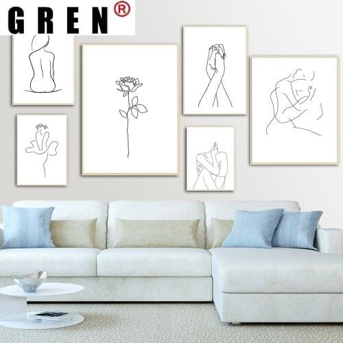 GREN Abstract Lady Line Drawing Picture Home Decor Nordic Canvas Painting Wall Art Figure Body Hand Poster Print for Living Room