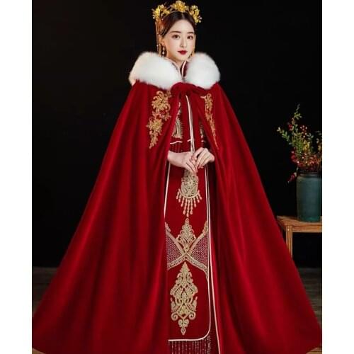 Hanfu Red Velvet Cloak For Women Chinese Traditional Embroidery Winter Thick Hooded Cape Female Cosplay Costume Cloak For Women