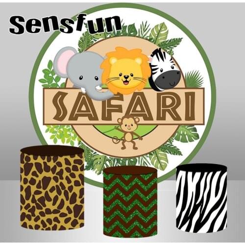 Round Circle Kids Safari Jungle Party Backdrop Wild Animals Green Leaves Boys Birthday Photography Background Plinth Covers