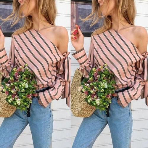 Leosoxs 2021 Spring Autumn Fashion Sexy Skew Collar Womens Shirts Casual Solid Bandage Long Sleeve Stripe Print Lady Shirt Tops